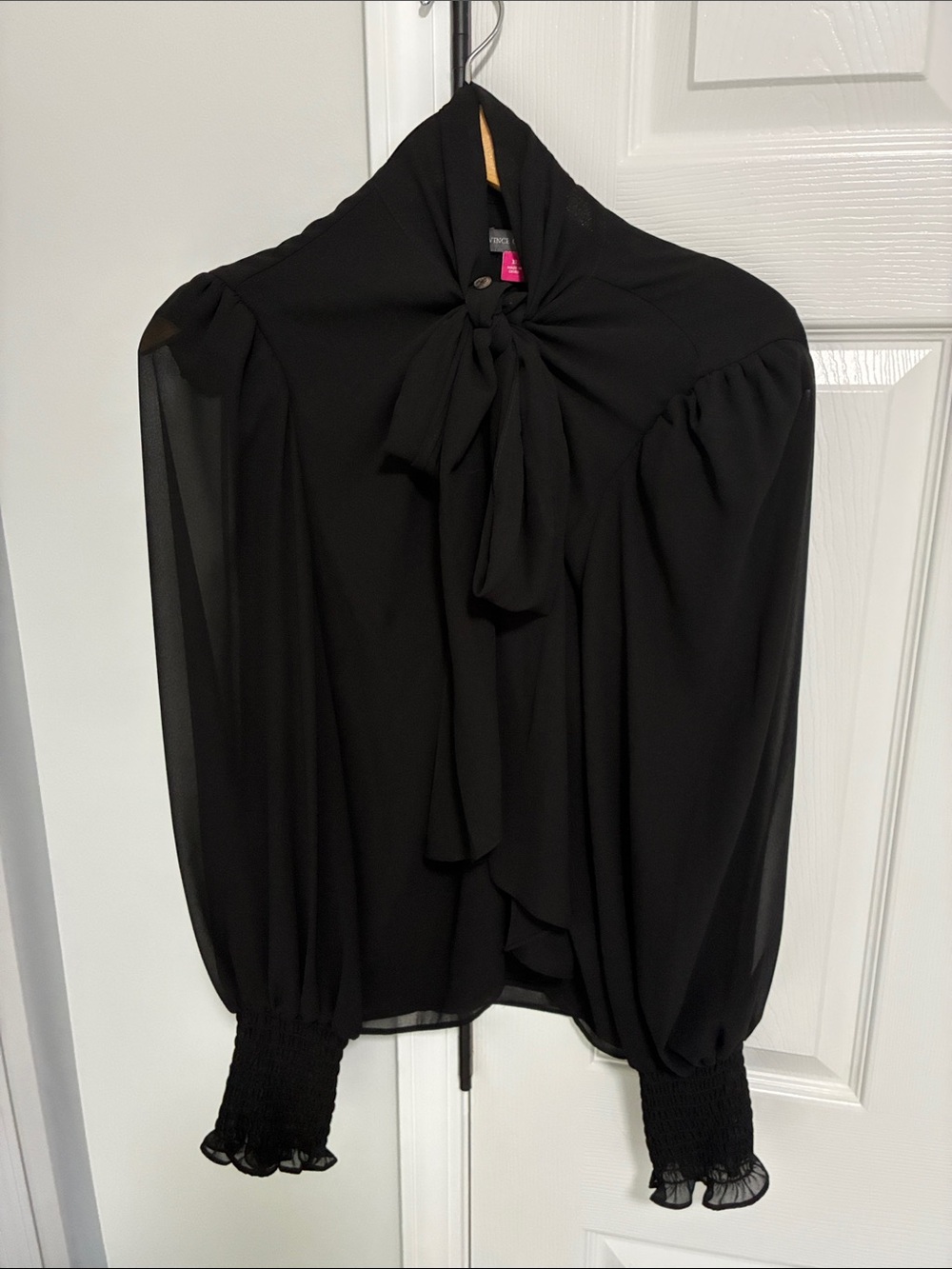 Vince Camuto Black Tie-Neck Sheer Sleeve Blouse